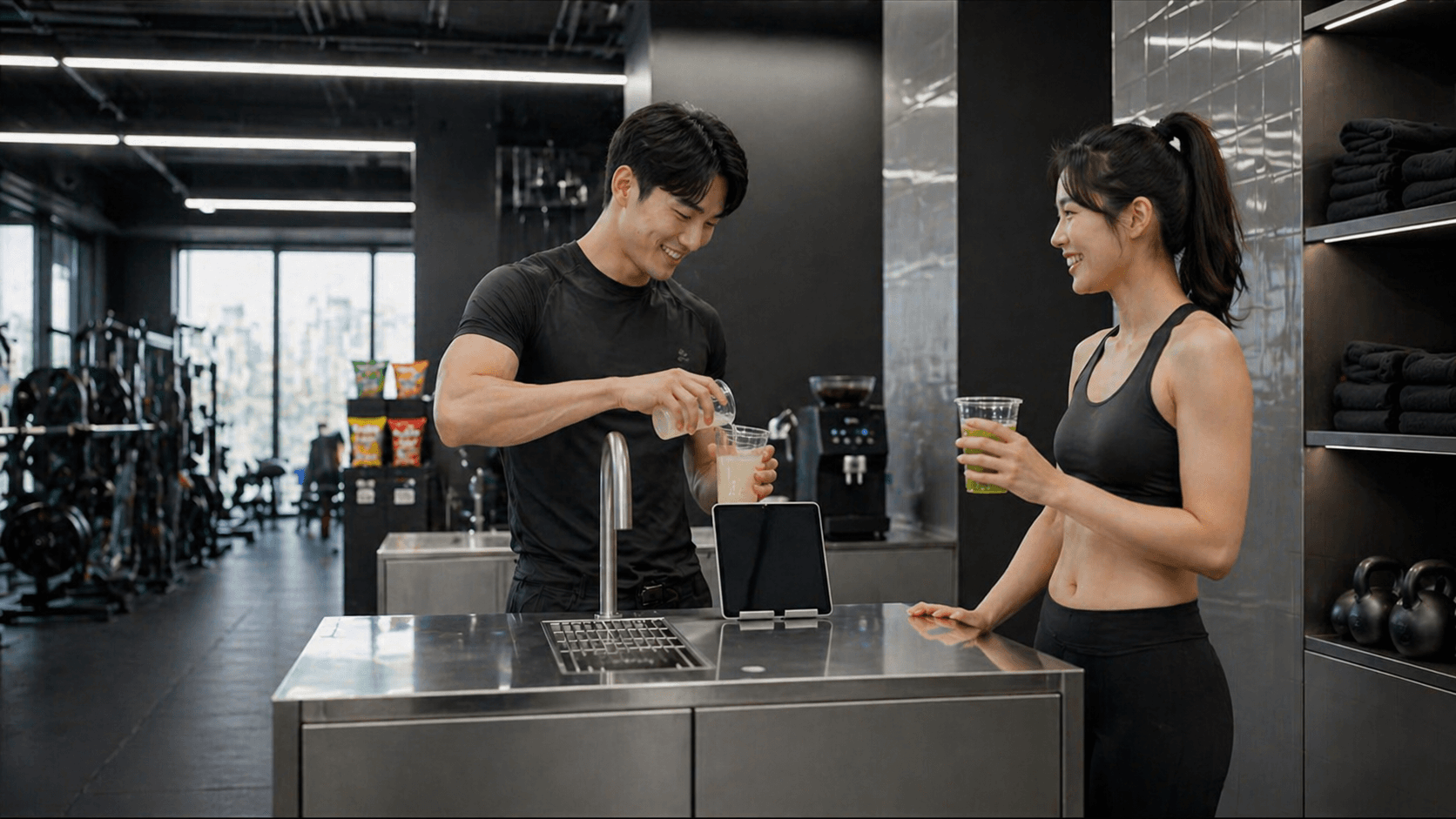 피트니스 공간에서 브링크 음료를 마시는 사용자