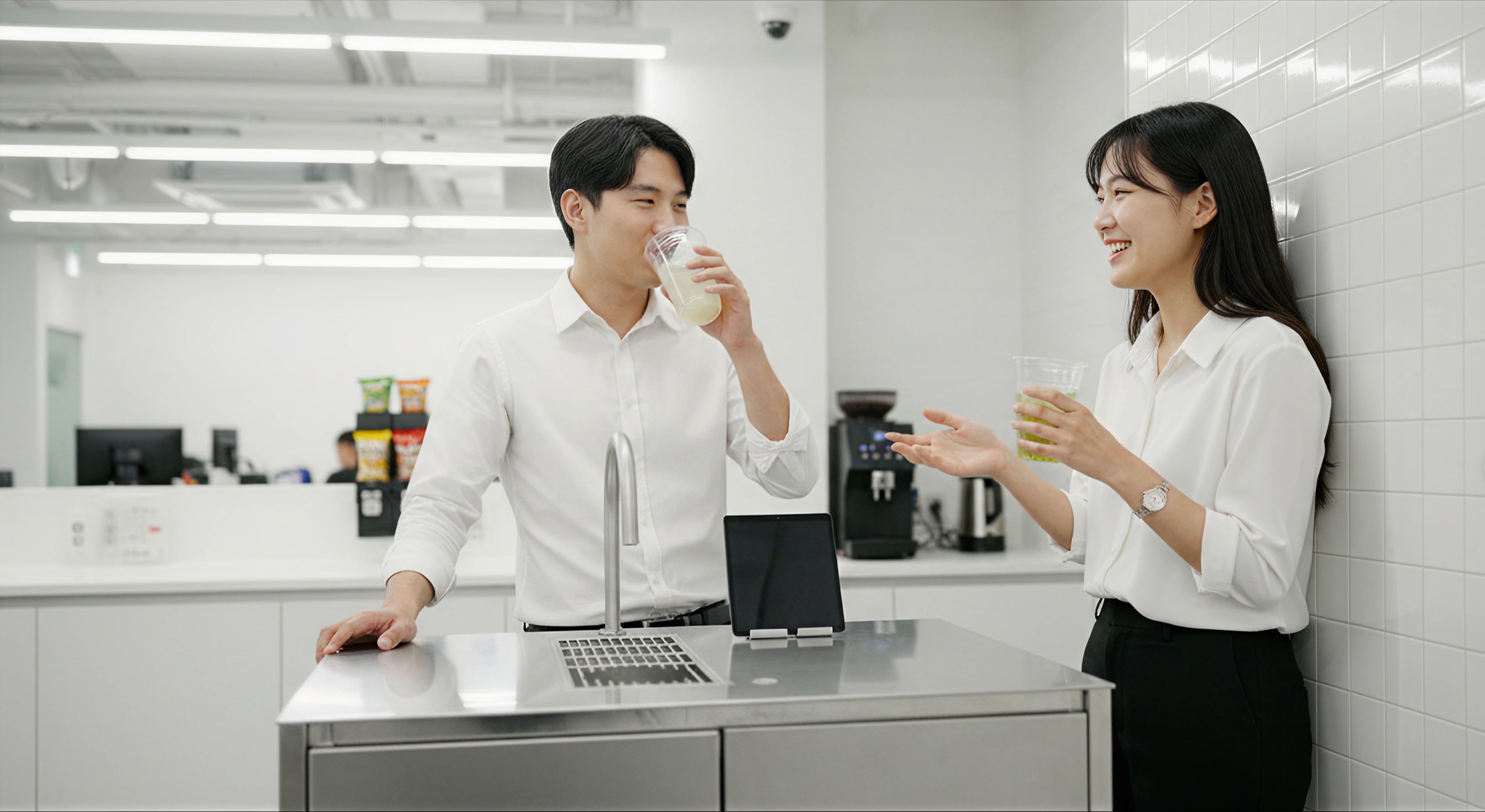 Two employees drinking and chatting in front of VRINK in an office pantry
